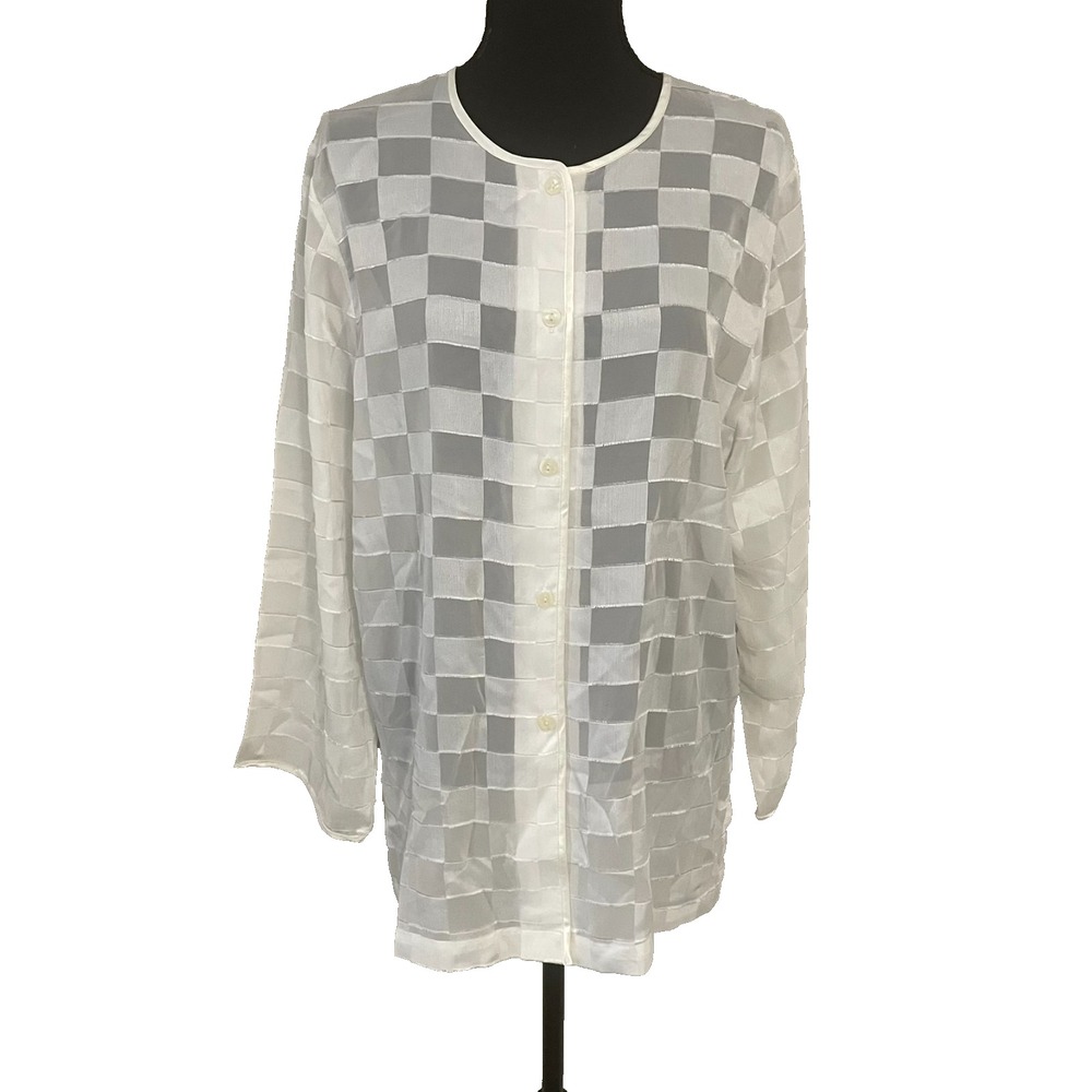 Vintage JOSIE By NATORI Sz‎ M Ivory Checkerboard Sheer Button Front Shirt Lounge